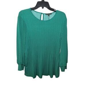 Adrianna Papell Trapeze Blouse Top Women's L Green/White Knit Polka Dot Pleated